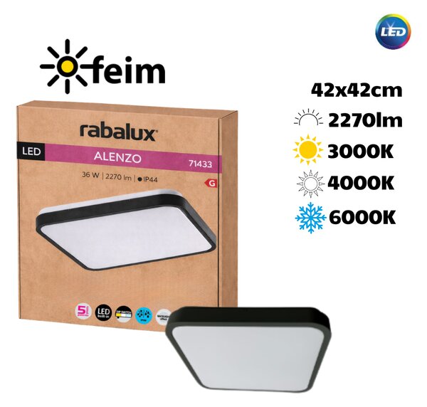 RABALUX 71433 Alenzo stropní svítidlo 420x420mm LED 36W/2270lm 3000+4000+6000K IP44 černá, DIP switch