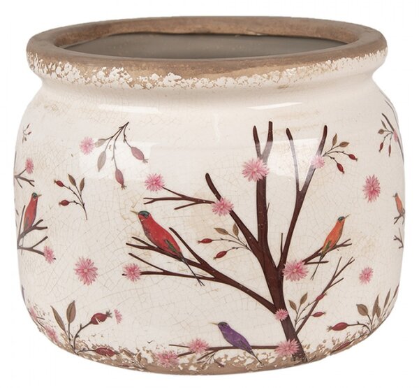 Béžový keramický obal na květináč s keři, šípky a ptáčky Satin – 20x15 cm