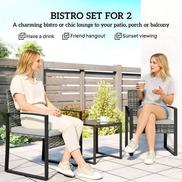 Outsunny PE ratanový bistro set, 3dílný zahradní set se 2 židlemi, stolkem, odnímatelnými polstry, balkon/terasa, světle šedý | Aosom