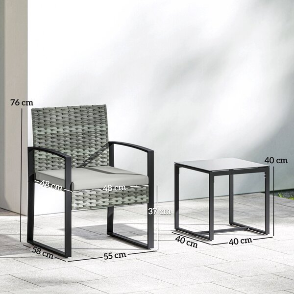 Outsunny PE ratanový bistro set, 3dílný zahradní set se 2 židlemi, stolkem, odnímatelnými polstry, balkon/terasa, světle šedý | Aosom