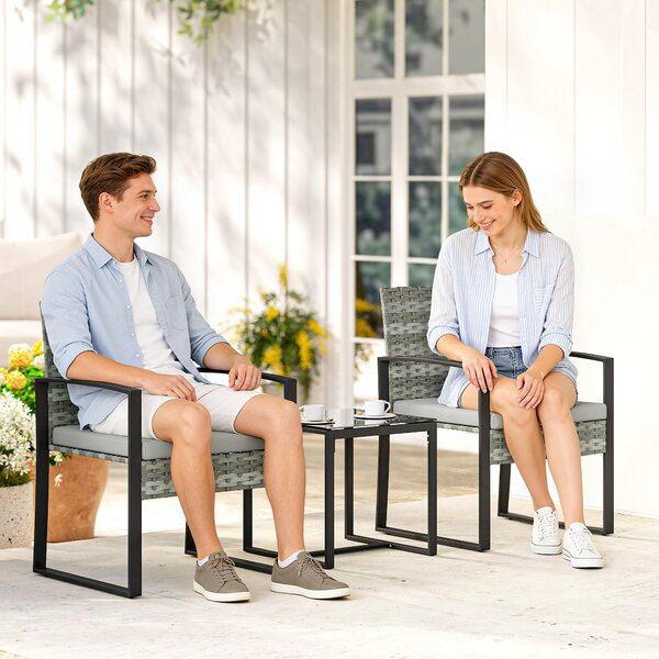 Outsunny PE ratanový bistro set, 3dílný zahradní set se 2 židlemi, stolkem, odnímatelnými polstry, balkon/terasa, světle šedý | Aosom