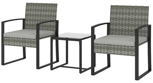 Outsunny PE ratanový bistro set, 3dílný zahradní set se 2 židlemi, stolkem, odnímatelnými polstry, balkon/terasa, světle šedý | Aosom