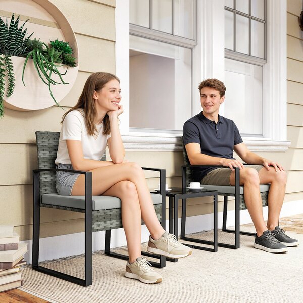 Outsunny PE ratanový bistro set, 3dílný zahradní set se 2 židlemi, stolkem, odnímatelnými polstry, balkon/terasa, světle šedý | Aosom