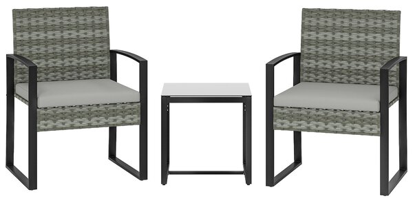 Outsunny PE ratanový bistro set, 3dílný zahradní set se 2 židlemi, stolkem, odnímatelnými polstry, balkon/terasa, světle šedý | Aosom