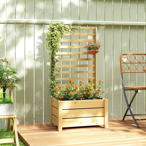 Outsunny vyvýšený truhlík s mříží — přírodní smrkové dřevo, odtokový otvor, netkaná vložka, 60 x 39 x 120 cm | Aosom
