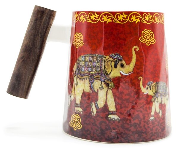 Porcelánový hrnek Tea Logic Sloní štěstí, červený, dřevěná rukojeť, zlaté ornamenty, 400 ml