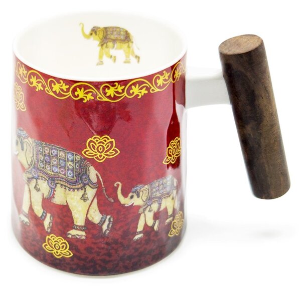 Porcelánový hrnek Tea Logic Sloní štěstí, červený, dřevěná rukojeť, zlaté ornamenty, 400 ml