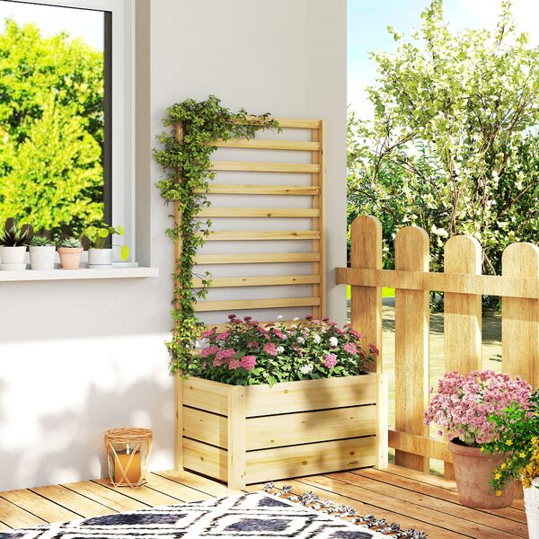 Outsunny vyvýšený truhlík s mříží — přírodní smrkové dřevo, odtokový otvor, netkaná vložka, 60 x 39 x 120 cm | Aosom