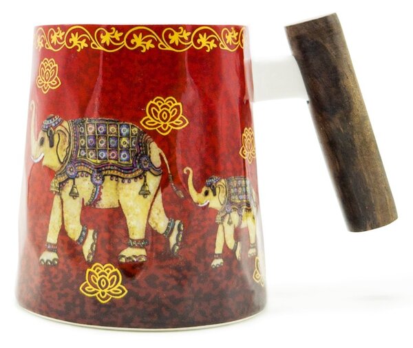 Porcelánový hrnek Tea Logic Sloní štěstí, červený, dřevěná rukojeť, zlaté ornamenty, 400 ml