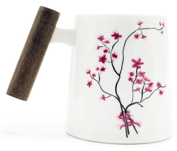 Porcelánový hrnek Tea Logic Sakura, bílý, dřevěná rukojeť, sakury, vlnkový reliéf, 400 ml