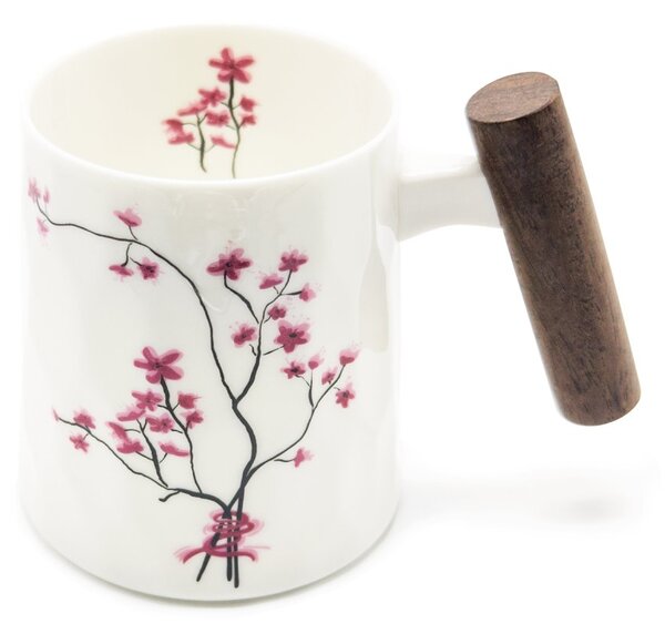Porcelánový hrnek Tea Logic Sakura, bílý, dřevěná rukojeť, sakury, vlnkový reliéf, 400 ml