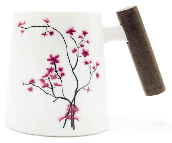 Porcelánový hrnek Tea Logic Sakura, bílý, dřevěná rukojeť, sakury, vlnkový reliéf, 400 ml
