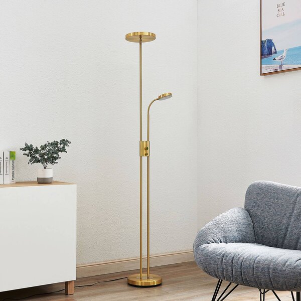 Lindby LED stojací lampa Seppa, kulatá, mosaz, kov, 180 cm, stmívatelný, Mosaz / zlato, Obývací pokoj / jídelna, kov, Moderní, Lampička na čtení