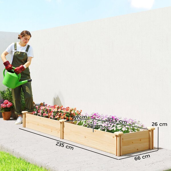 Outsunny dřevěný vyvýšený záhon s přepážkou a otevřeným dnem, 235 × 66 × 26 cm — velký záhon pro zeleninu a bylinky na zahradu i balkon | Aosom