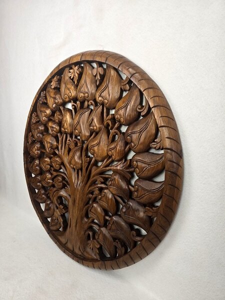 Závěsná dekorace Strom života- veliká mandala 90 cm, teak dřevo (masterpiece ruční práce 18 kg)