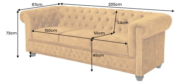 Pohovka CHESTERFIELD 3M 205 CM tmavě žlutá samet Nábytek | Obývací pokoj | Sedací soupravy a pohovky | Pohovky | Pevné