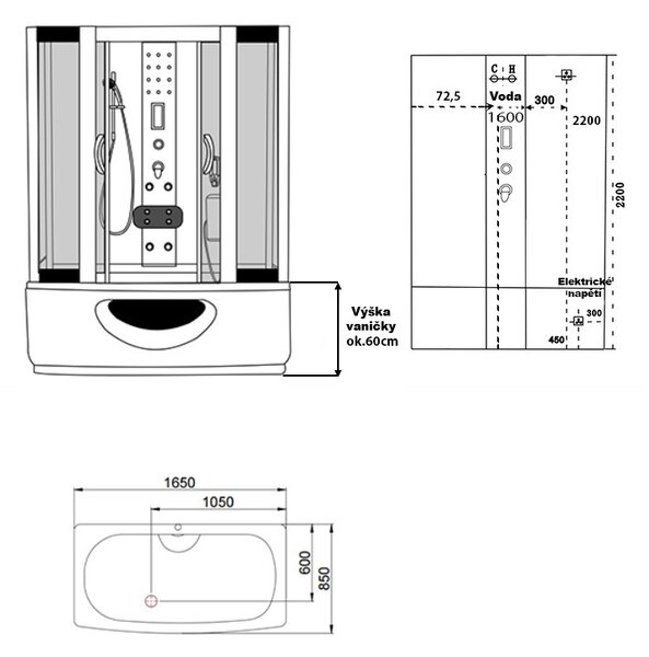 BPS-koupelny Hydromasážní box HYD-O99B 165x85, bez sauny v kombinaci s hydromasážní vanou