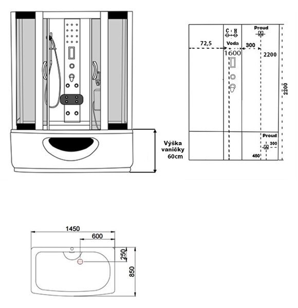 BPS-koupelny Hydromasážní box HYD-O99B 145x85, bez sauny v kombinaci s hydromasážní vanou