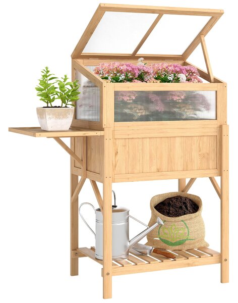 Outsunny vyvýšený záhon s pařeništěm — vyvýšený truhlík z borovicového dřeva se skládacím stolem a policí, 104 × 50 × 120 cm — přírodní | Aosom