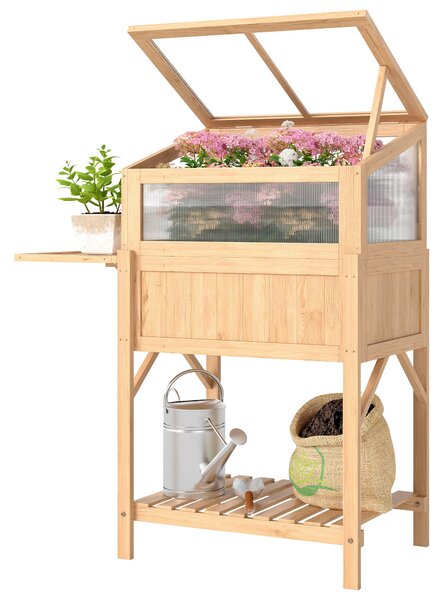 Outsunny vyvýšený záhon s pařeništěm — vyvýšený truhlík z borovicového dřeva se skládacím stolem a policí, 104 × 50 × 120 cm — přírodní | Aosom