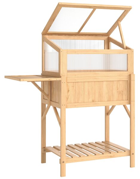 Outsunny vyvýšený záhon s pařeništěm — vyvýšený truhlík z borovicového dřeva se skládacím stolem a policí, 104 × 50 × 120 cm — přírodní | Aosom
