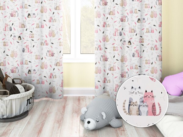 Biante Dětský bavlněný závěs Sandra SA-654 Kočičí svět růžovo-hnědý na bílém 150x140 cm