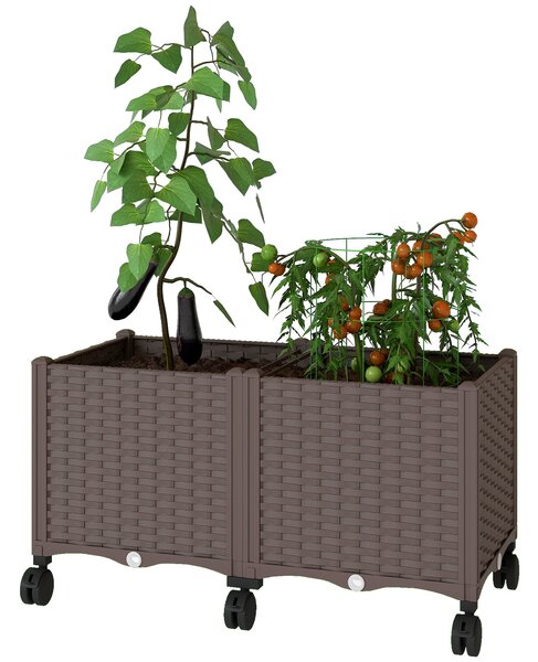 Outsunny zvýšený truhlík s 6 kolečky — mobilní venkovní plastový truhlík s nádrží na zavlažování a odtokem, 80×40×43 cm, hnědý | Aosom