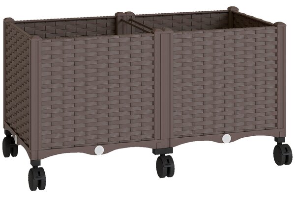 Outsunny zvýšený truhlík s 6 kolečky — mobilní venkovní plastový truhlík s nádrží na zavlažování a odtokem, 80×40×43 cm, hnědý | Aosom