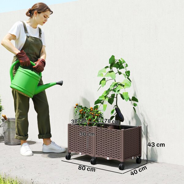 Outsunny zvýšený truhlík s 6 kolečky — mobilní venkovní plastový truhlík s nádrží na zavlažování a odtokem, 80×40×43 cm, hnědý | Aosom