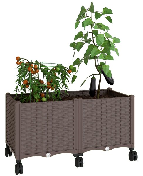 Outsunny zvýšený truhlík s 6 kolečky — mobilní venkovní plastový truhlík s nádrží na zavlažování a odtokem, 80×40×43 cm, hnědý | Aosom