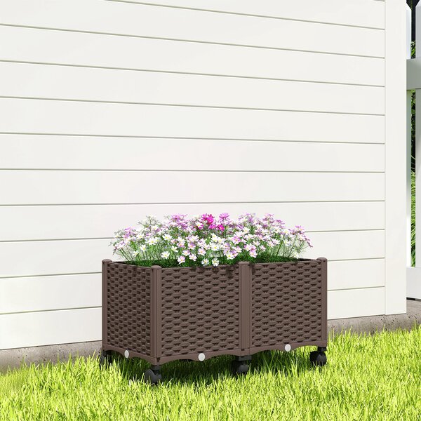 Outsunny zvýšený truhlík s 6 kolečky — mobilní venkovní plastový truhlík s nádrží na zavlažování a odtokem, 80×40×43 cm, hnědý | Aosom