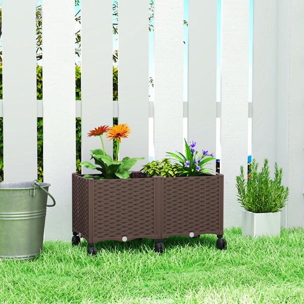 Outsunny zvýšený truhlík s 6 kolečky — mobilní venkovní plastový truhlík s nádrží na zavlažování a odtokem, 80×40×43 cm, hnědý | Aosom