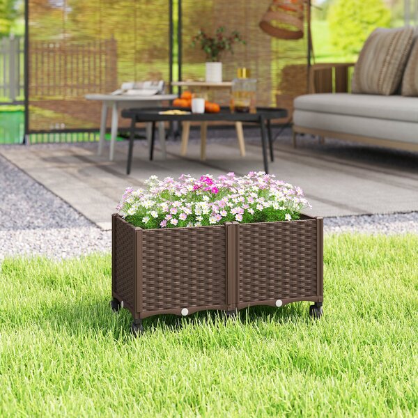 Outsunny zvýšený truhlík s 6 kolečky — mobilní venkovní plastový truhlík s nádrží na zavlažování a odtokem, 80×40×43 cm, hnědý | Aosom