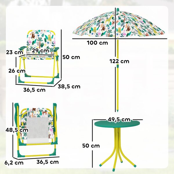 AIYAPLAY dětský zahradní set (4 ks) – skládací stůl a židle s odnímatelným slunečníkem, motiv džungle, zelená | Aosom