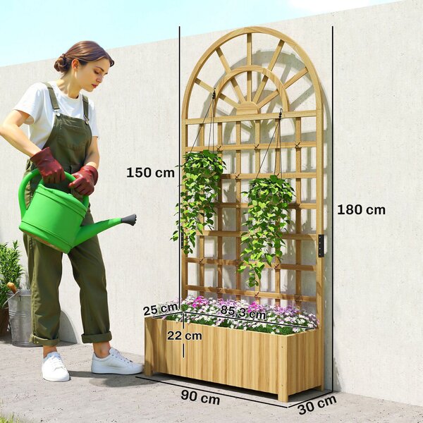 Outsunny dřevěný truhlík s mřížkou — velký vyvýšený venkovní záhon pro popínavé rostliny s odtokovými otvory, 90 × 30 × 180 cm | Aosom