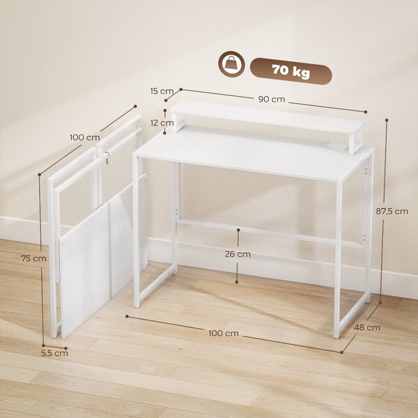 HOMCOM skládací psací stůl s podstavcem na monitor, ocelový rám, 100 x 48 x 87,5 cm, bílý | Aosom