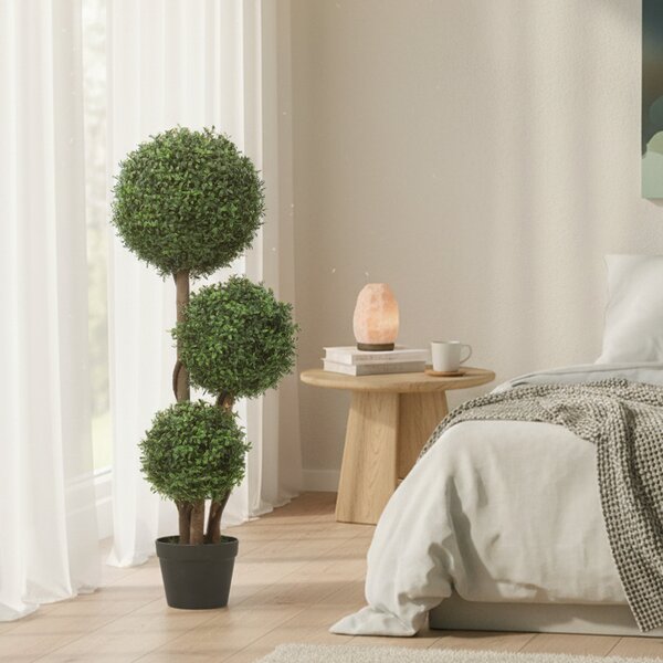 HOMCOM buxusový topiary 100 cm – trojkoulová umělá rostlina s dřevěným kmínkem v květináči, realistická dekorace do obýváku, ložnice, kanceláře i zahr