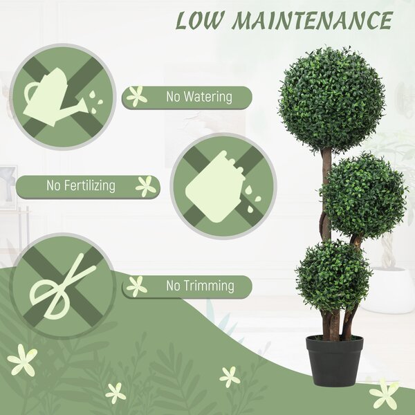 HOMCOM buxusový topiary 100 cm – trojkoulová umělá rostlina s dřevěným kmínkem v květináči, realistická dekorace do obýváku, ložnice, kanceláře i zahr