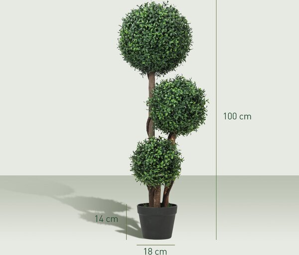 HOMCOM buxusový topiary 100 cm – trojkoulová umělá rostlina s dřevěným kmínkem v květináči, realistická dekorace do obýváku, ložnice, kanceláře i zahr