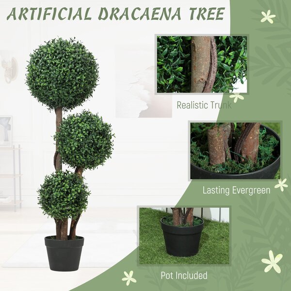 HOMCOM buxusový topiary 100 cm – trojkoulová umělá rostlina s dřevěným kmínkem v květináči, realistická dekorace do obýváku, ložnice, kanceláře i zahr