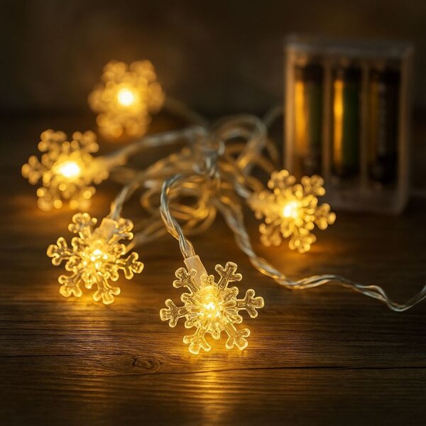 Vánoční světelný řetěz, sněhové vločky, teple bílý, 20 LED