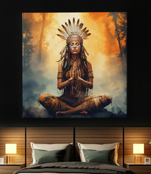 Obraz na plátně - Meditace, indiánská dívka v pralese FeelHappy.cz Vyberte rozměr (Šířka/Výška): 110 x 110 cm