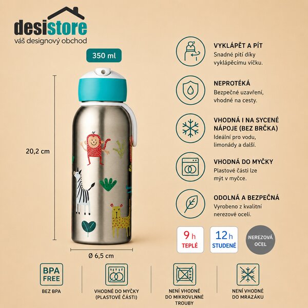 Dětská nerezová lahev, 350ml, Mepal, zvířátka