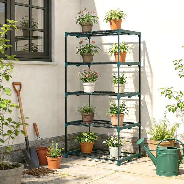 Outsunny stojan na rostliny se 5 policemi – do interiéru i exteriéru, tmavě zelený, 67 × 49 × 138 cm | Aosom