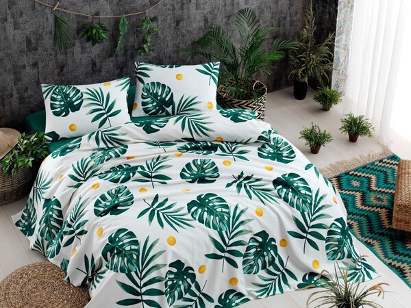 L'essentiel Bavlněný pique přehoz Monstera 200x235 cm zelený/bílý
