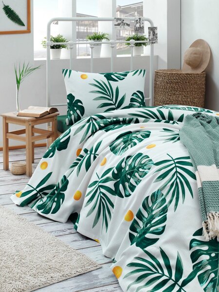 L'essentiel Bavlněný pique přehoz Monstera 160x235 cm zelený/bílý
