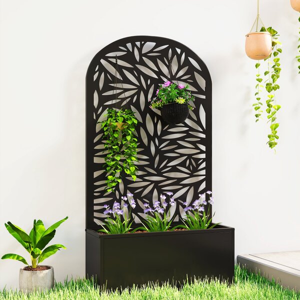 Outsunny vyvýšený truhlík s listovým trelážem — kovový květináč 61 × 23 × 113 cm pro zahradu, balkon a terasu | Aosom