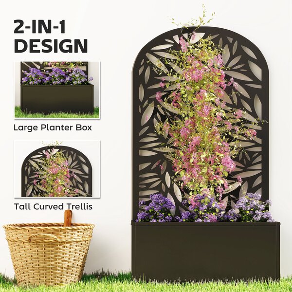 Outsunny vyvýšený truhlík s listovým trelážem — kovový květináč 61 × 23 × 113 cm pro zahradu, balkon a terasu | Aosom