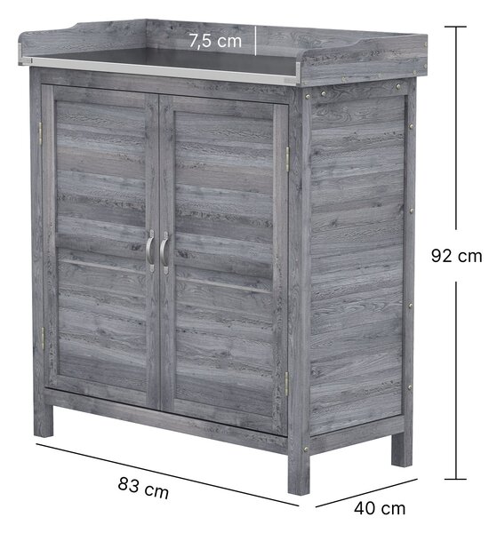 Outsunny pracovní stůl na přesazování s úložnou skříňkou – smrk/jedle, pozinkovaná pracovní deska, 2 police, šedý (83 x 40 x 92 cm) | Aosom