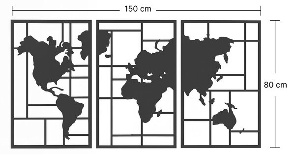 HOMCOM kovová mapa světa, sada 3 panelů — černá geometrická nástěnná dekorace do obývacího pokoje, ložnice či chodby | Aosom